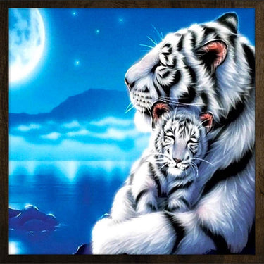 Witte Tijger met Welp - Diamond Painting - 30x30cm - Rond